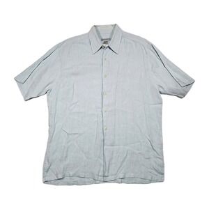 Zegna Sport Shirt Mens L 100% Linen Short Sleeve Button Up Light Blue Casual